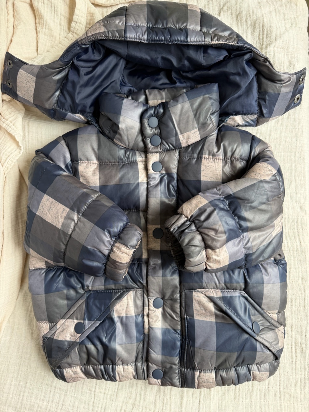 Maison Me 2T Puffer Jacket with Detachable Hood - Navy Plaid